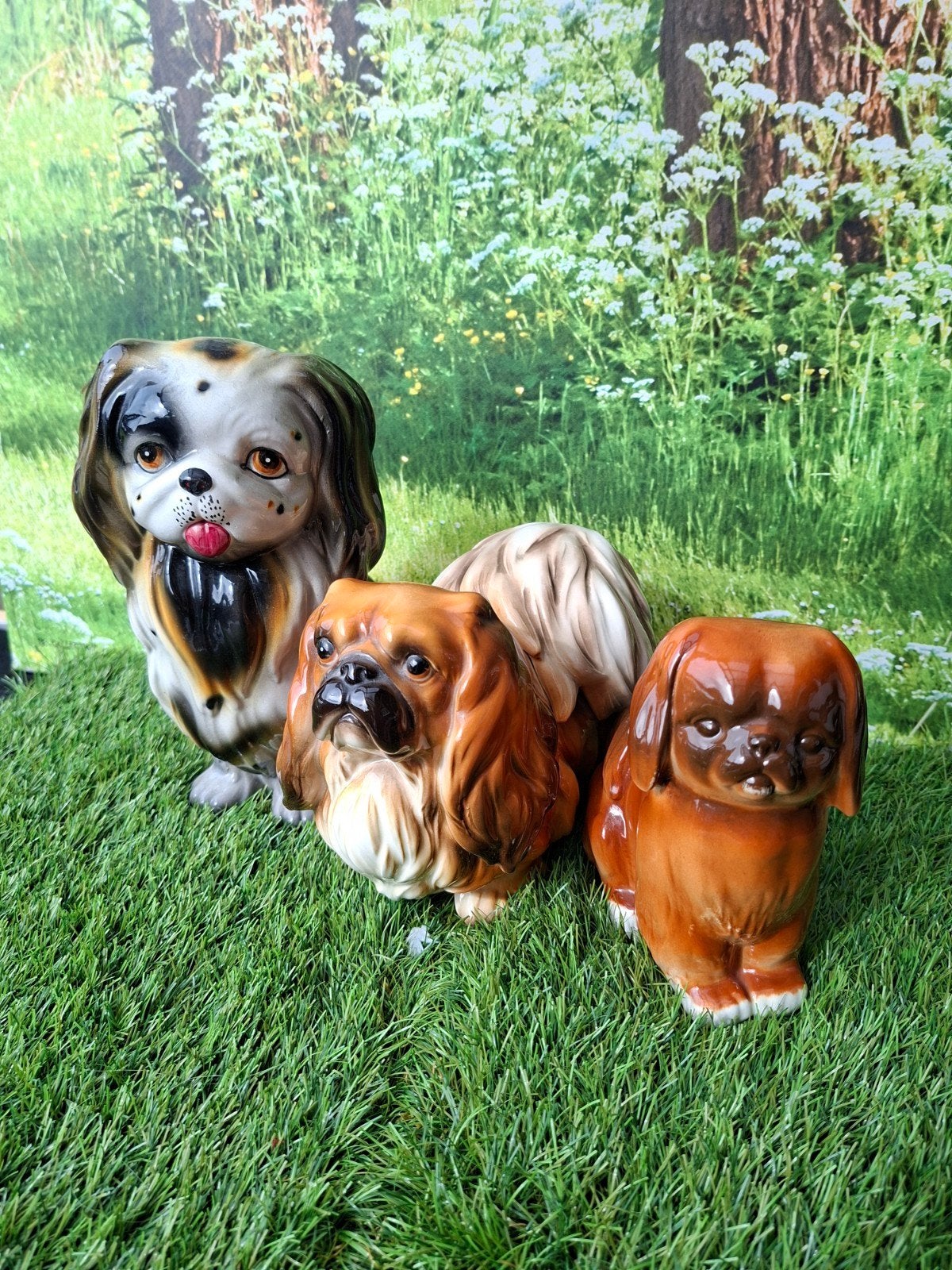 2 Vintage Pekingees Beelden Italië en Rusland - Wit en Bruin, Vintage, Gebruikt, Meerkleurig, Ophalen of Verzenden