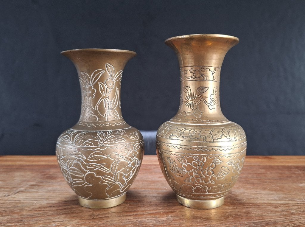 vintage koper messing brons Chinese vaasjes 18 en 19cm hoog, Ophalen of Verzenden