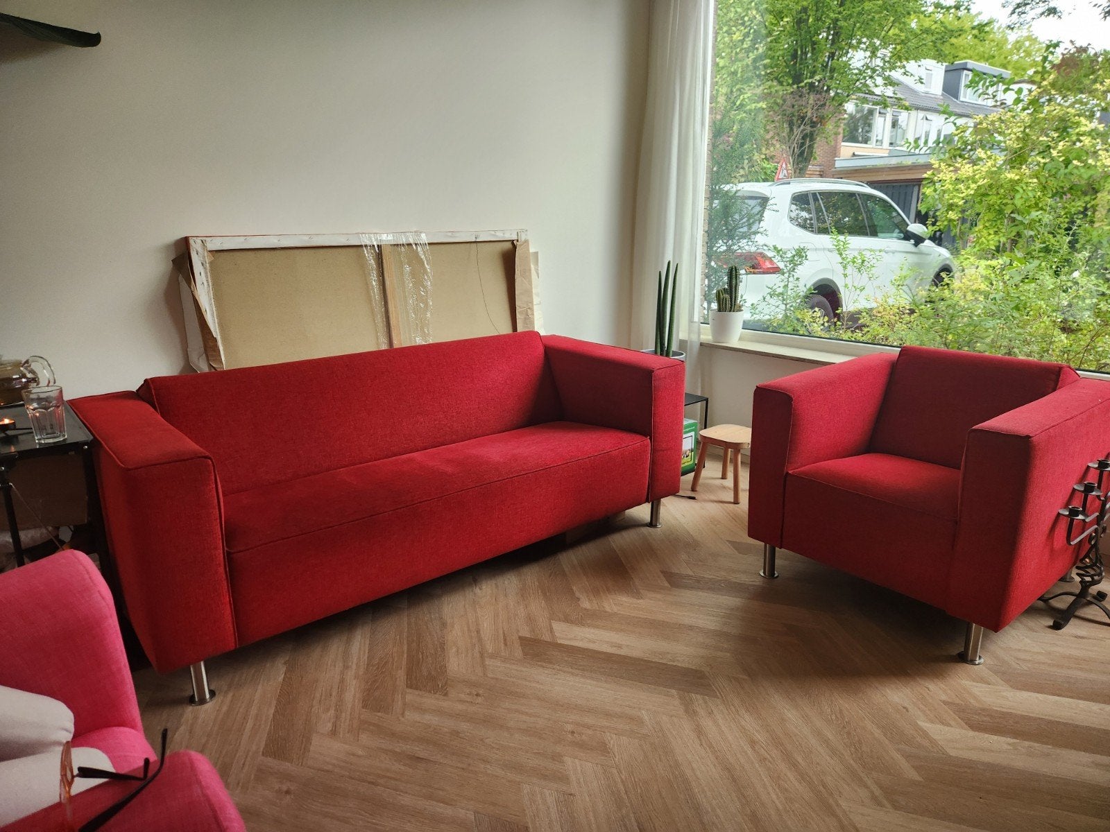 Rode 3-zitsbank + fauteuil - Jamé - Strak design, Ophalen, Gebruikt, Driepersoons, Stof