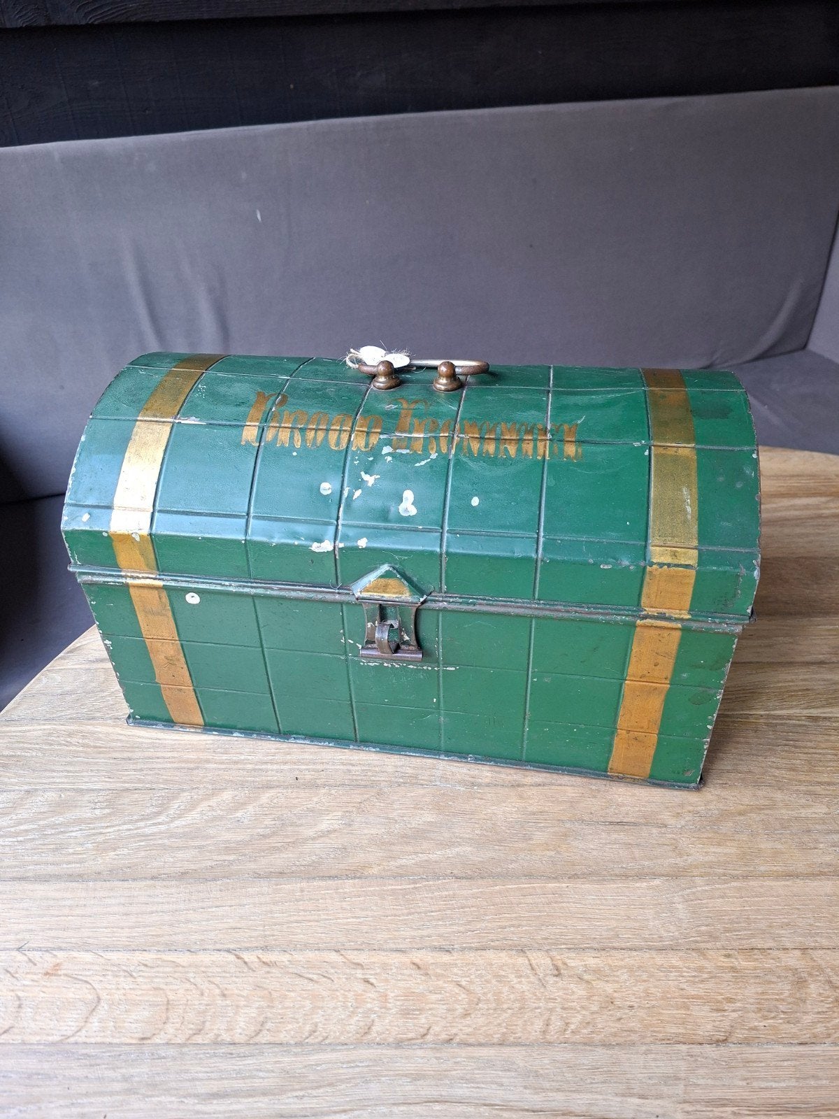 Vintage broodtrommel geel/groen met motief, Ophalen of Verzenden