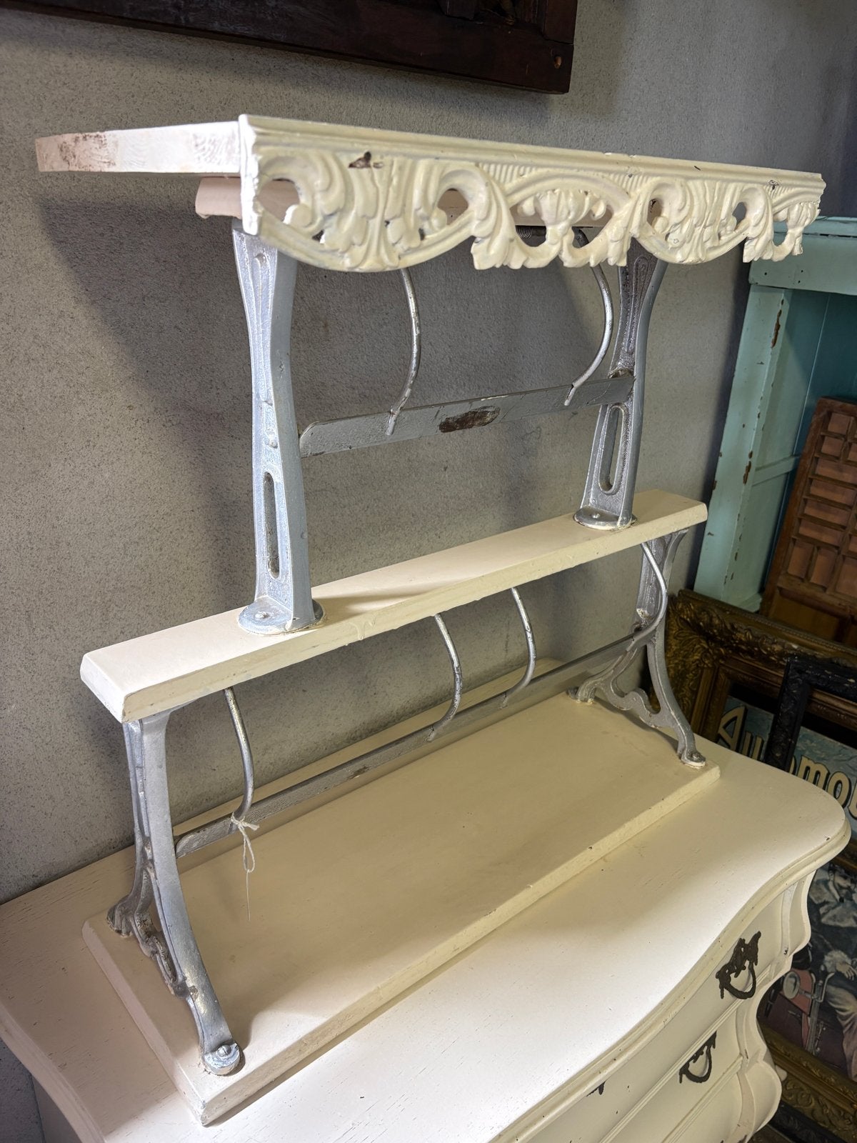 Brocante oude/antieke papierrolhouder 2-laags - Wit/Crème, Ophalen