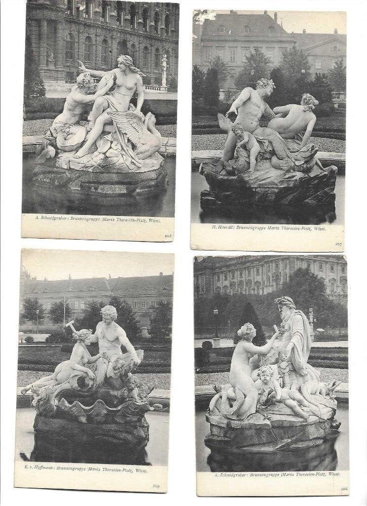 wenen  wien  1908  4 ansichten met fonteinen v.4 kunstenaars, Verzenden