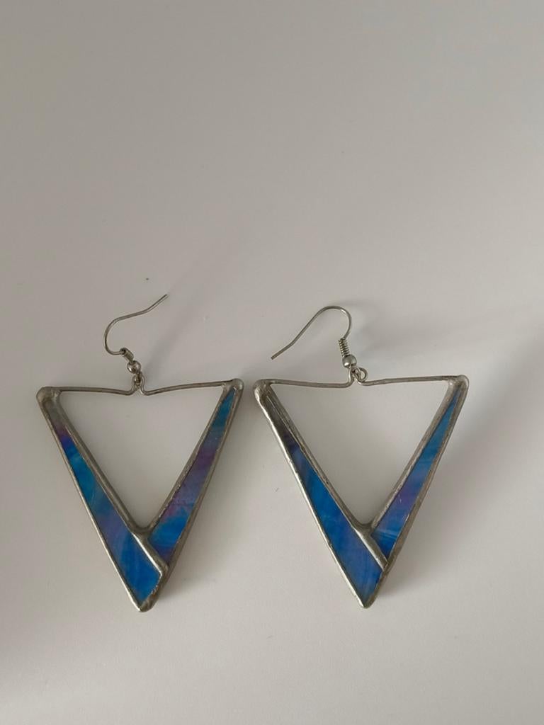 Vintage Glas in Lood Tiffany Techniek Oorbellen - 4x5cm, Blauw, Ophalen of Verzenden, Glas, Hangers