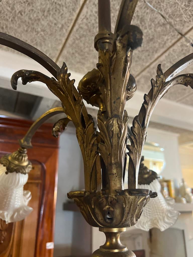 Antieke Bronzen Kroonluchter met 5 Lichtpunten en Bajonetfit, Antiek, Gebruikt, De doofpot, Ophalen of Verzenden