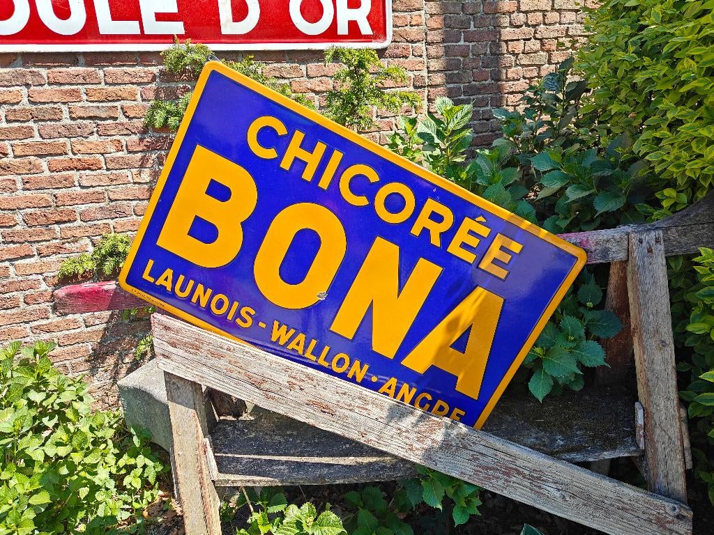 Emaillen bord Chicorée Bona. Emaillerie Koekelberg 1935., Ophalen, Zo goed als nieuw, Reclamebord