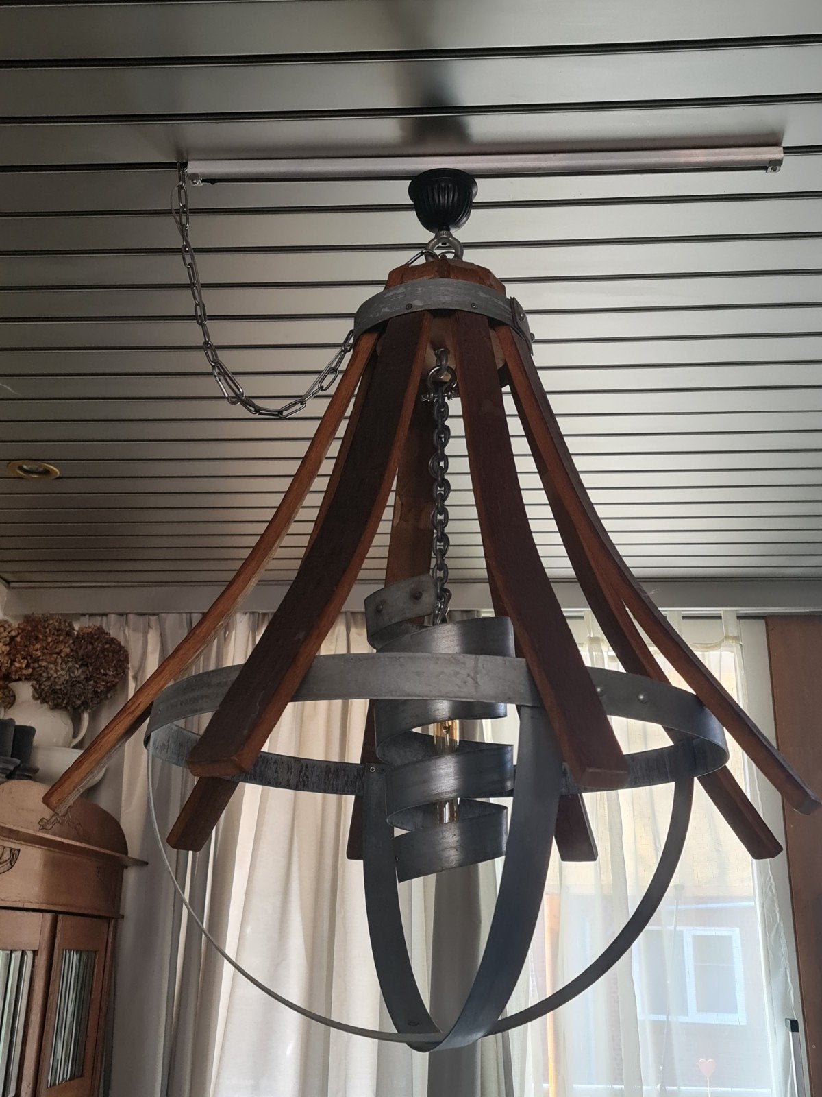Unieke Hanglamp van Wijnvat Hout en Metaal, Ophalen, Gebruikt, Overige fittingen, Rustiek, Industrieel, Landelijk
