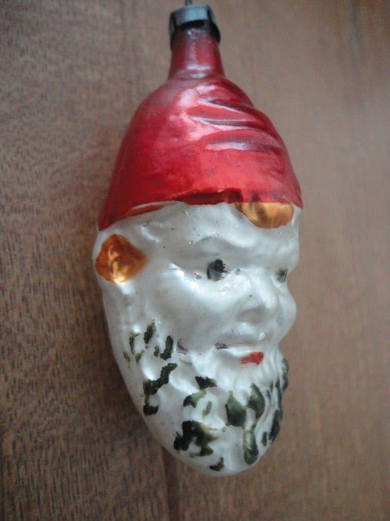 Mooie oude glazen kerstbal hoofd Kerstman c.q. kabouter, Ophalen of Verzenden, Gebruikt