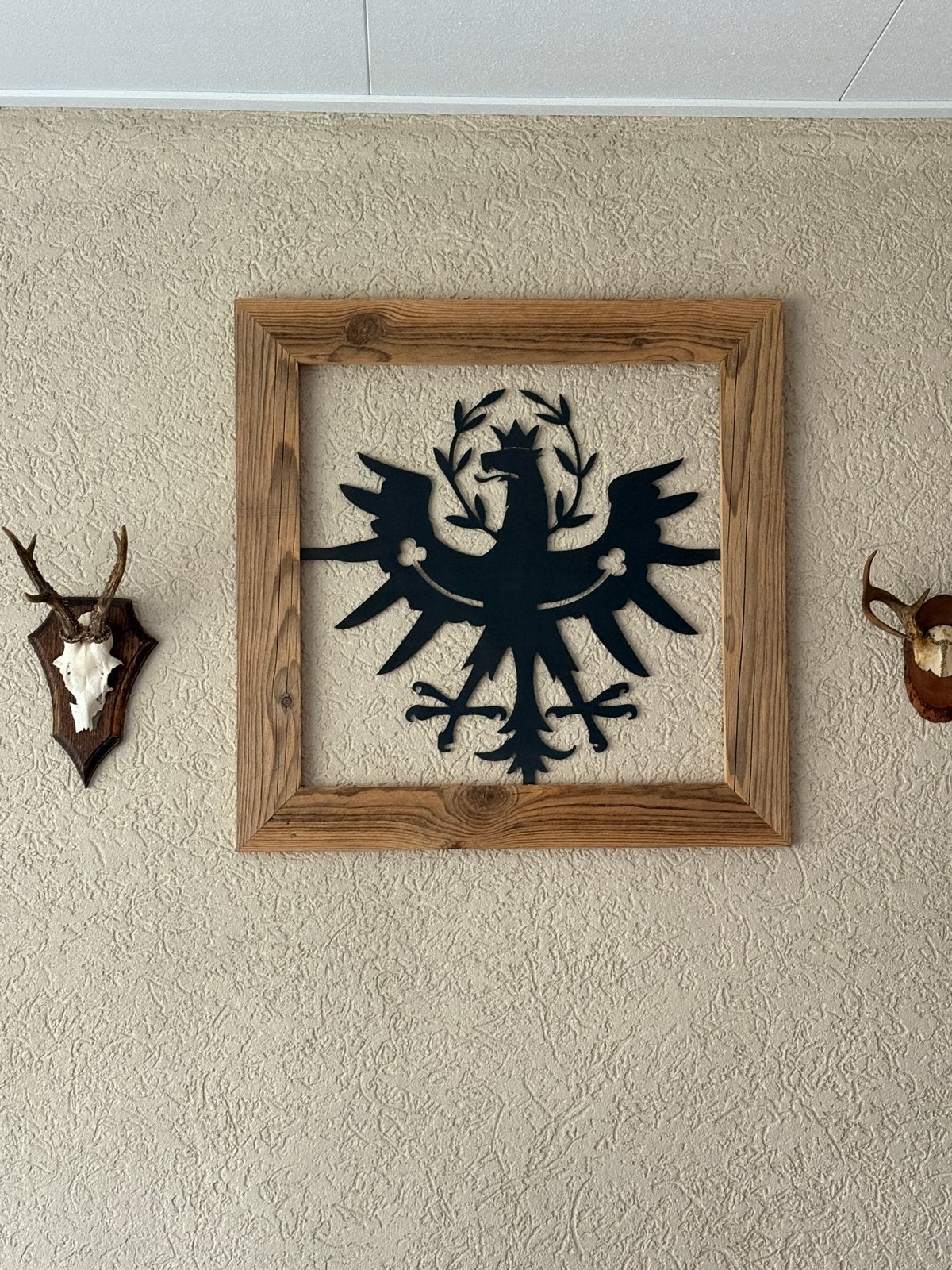 Wandobject Tiroler Adler - Houten frame met metalen afbeeldi, Huis en Inrichting, Ophalen, Gebruikt, Hout, Meerkleurig