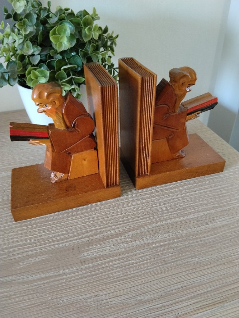 2 vintage houten boekensteunen houtsnijwerk, Antiek en Kunst, Ophalen of Verzenden, Hout, Beeld