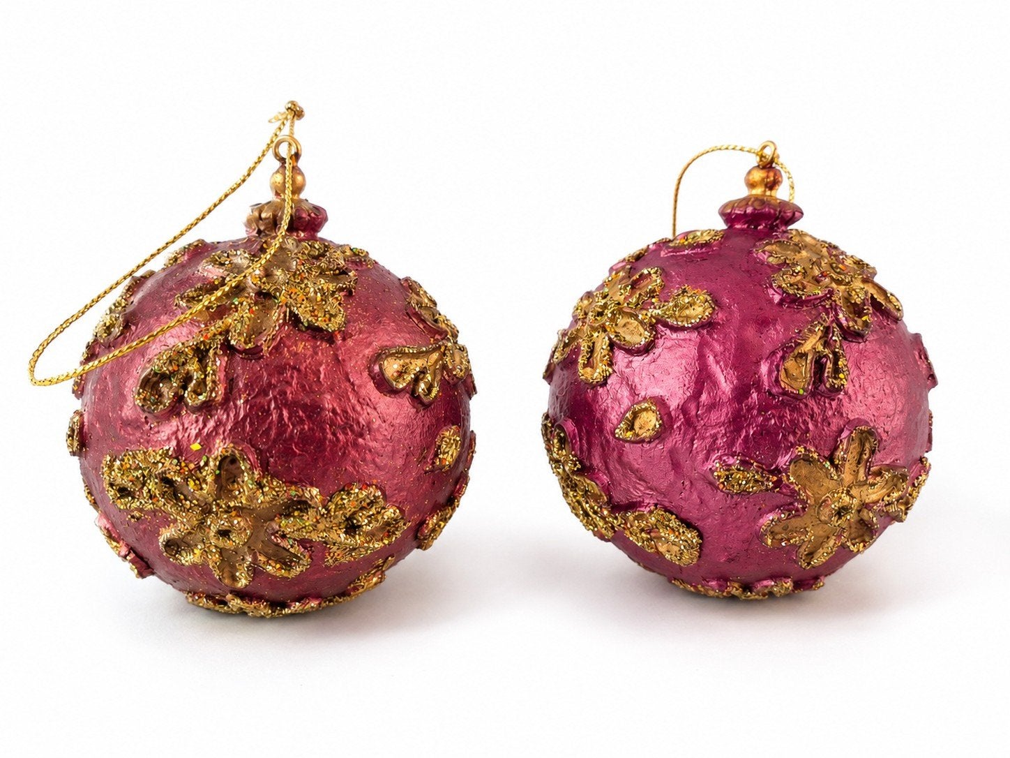 2 prachtige vintage kerstballen – roze/bordeaux met goud, Ophalen of Verzenden