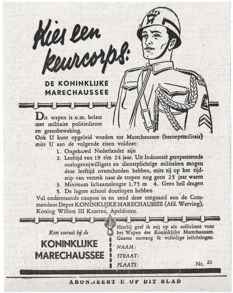 Personeelsadvertentie 1951 - Marechaussee Militair Uniform, Ophalen of Verzenden, Marechaussee, Nederland, Overige typen