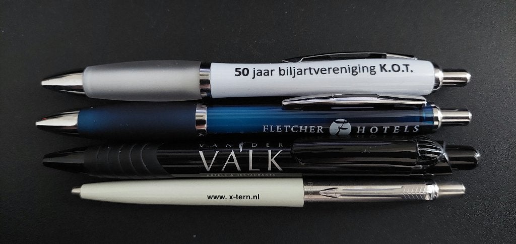 4 stuks balpennen met reclamebedrukking., Verzamelen, Overige merken, Gebruikt, Balpen, Ophalen of Verzenden