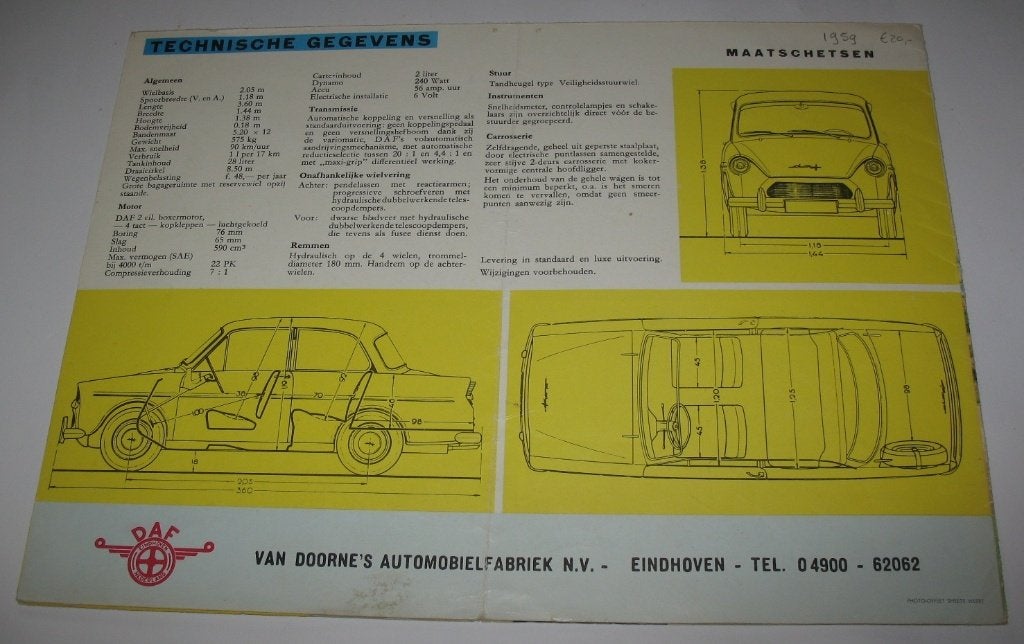 Folder DAF met Variomatic aandrijving ned personenauto 1959, Gelezen, Ophalen of Verzenden, Overige merken, DAF