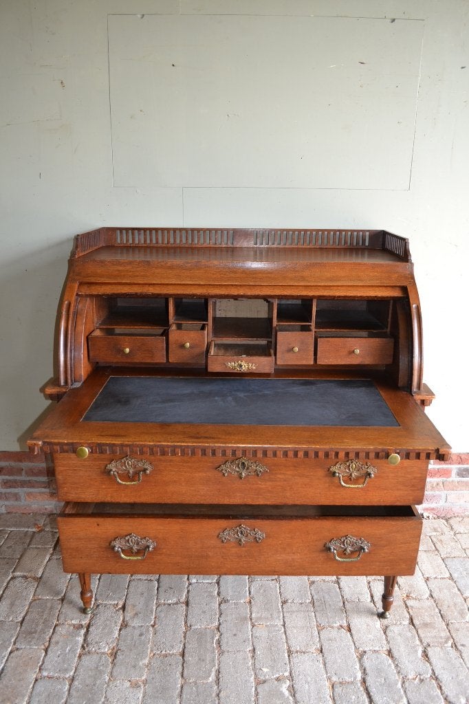Prachtige antieke eiken houten cylinderbureau, secretaire., Verzenden