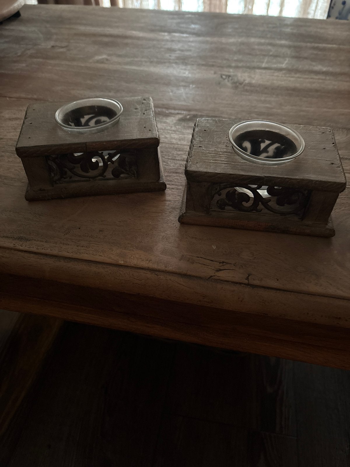 Set van 2 houten waxinelichthouders, Gebruikt, Bruin, Waxinelichthouder, Ophalen of Verzenden