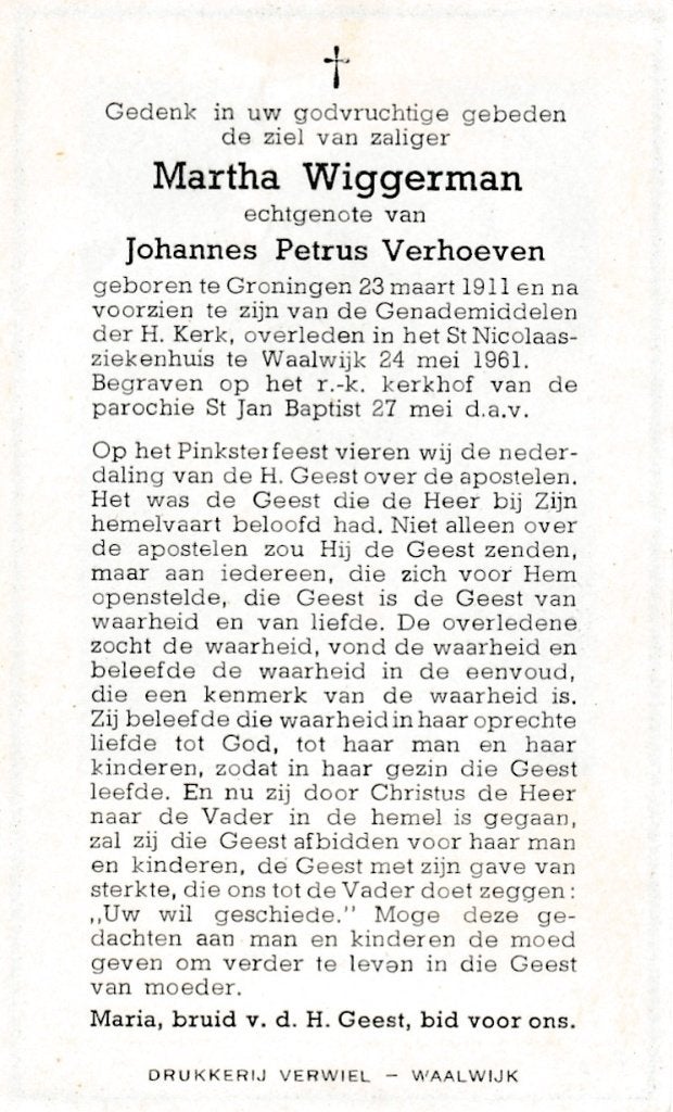 Wiggerman Martha 1911 Groningen 1961 Waalwijk, Ophalen of Verzenden, Bidprentje