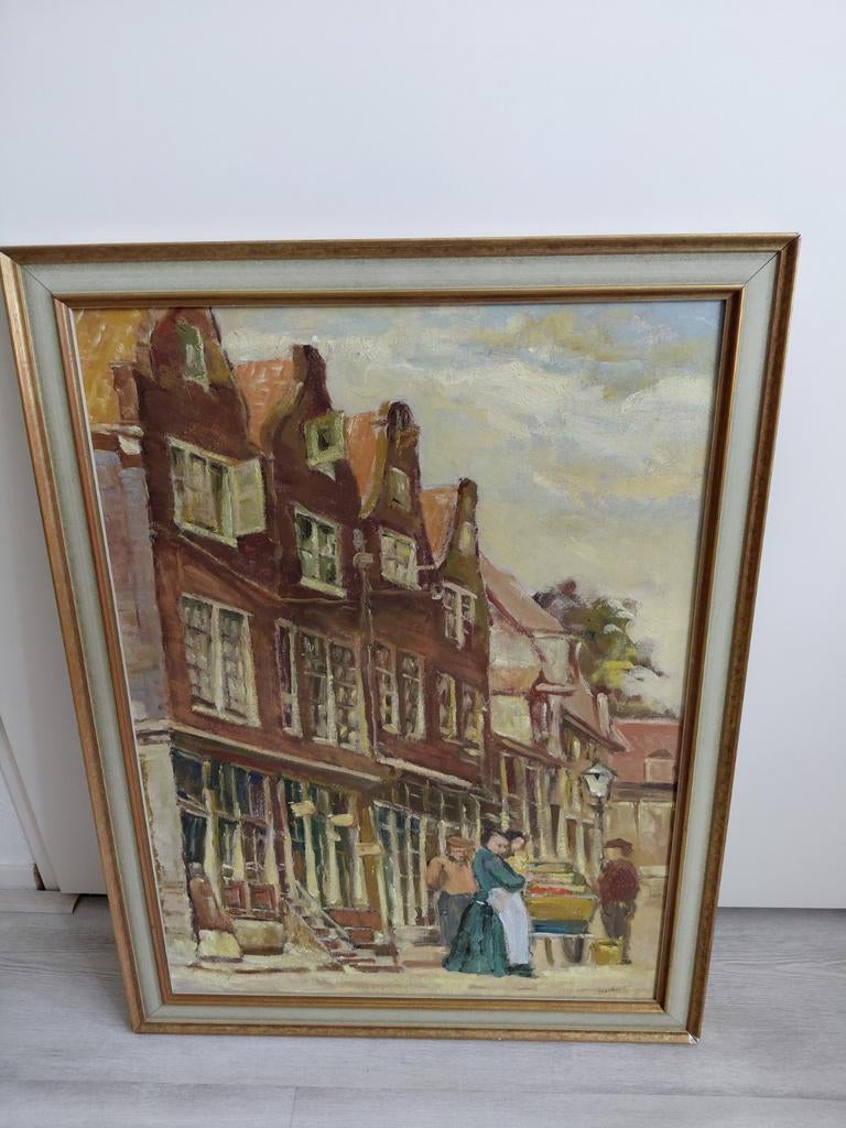 Oud schilderij grachtenpandjes amsterdam/haarlem  afm 51x67, Antiek en Kunst, Kunst | Schilderijen | Klassiek, Ophalen