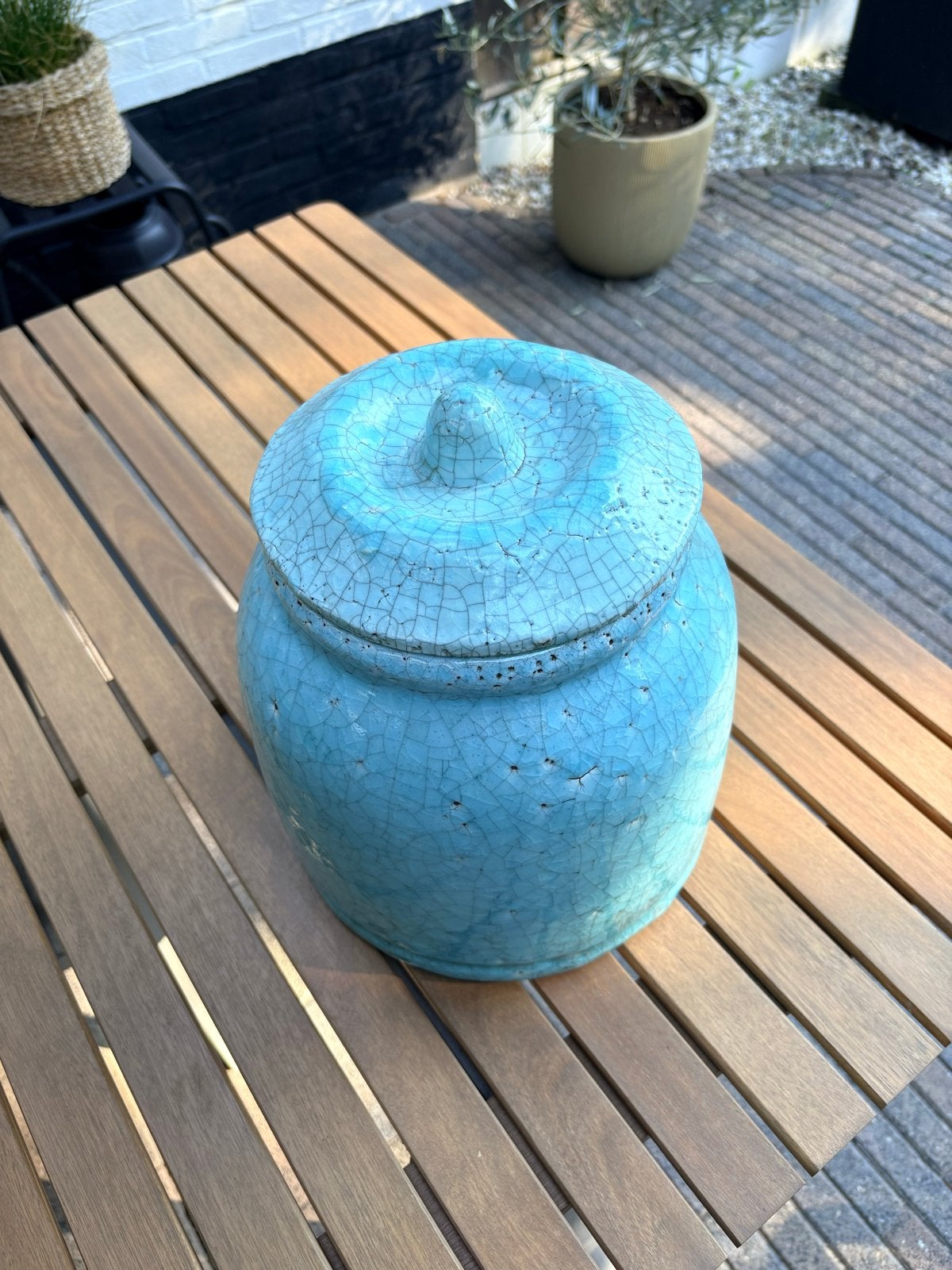 Decoratieve pot met deksel - Craquelé turquoise, Ophalen, Vintage, Blauw, Zo goed als nieuw