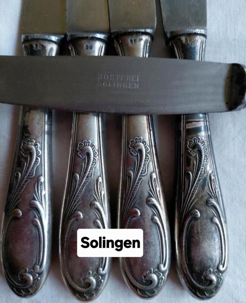 Solingen verzilverde antieke diner messen barroke krullen, Antiek en Kunst, Antiek | Bestek, Ophalen of Verzenden
