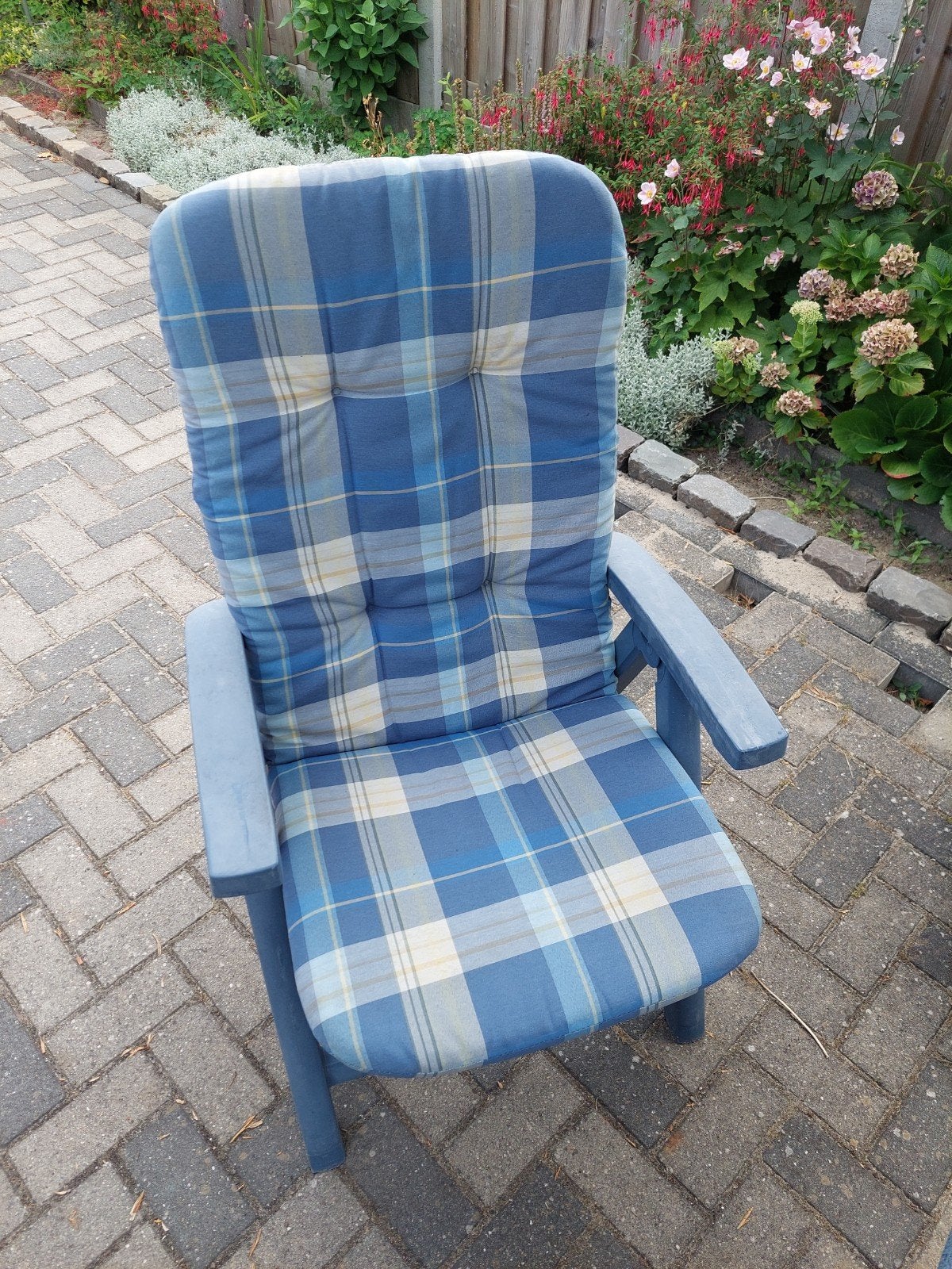 2x Stoelkussen voor tuinstoel, blauw geruit, Tuin en Terras, Ophalen, Gebruikt