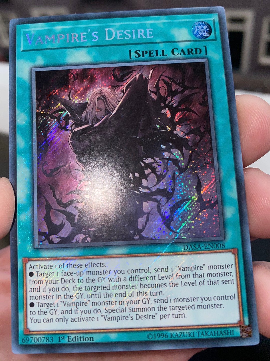Yu-Gi-Oh! Vampire’s Desire DASA 1st Edition Foil Bleed 🩸, Ophalen of Verzenden, Zo goed als nieuw, Losse kaart, Foil