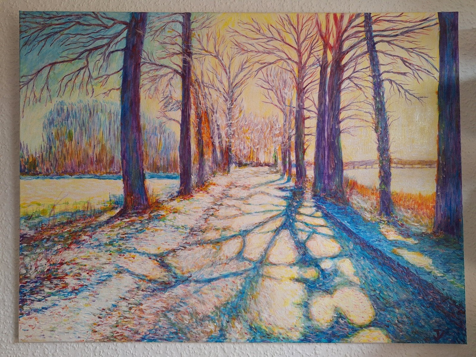 Winterlandschap met bomen en lange schaduwen, Landschap, Ophalen of Verzenden, Olieverf, Handgeschilderd