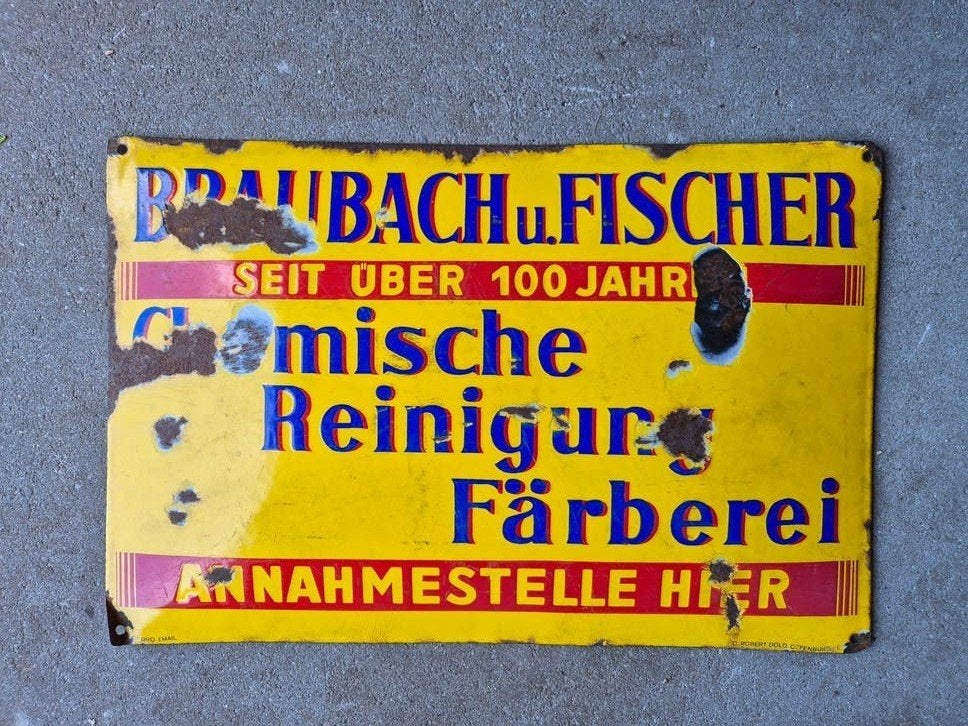 Vintage Emaille Reclamebord Braubach u. Fischer 59x49cm, Antiek en Kunst, Ophalen of Verzenden