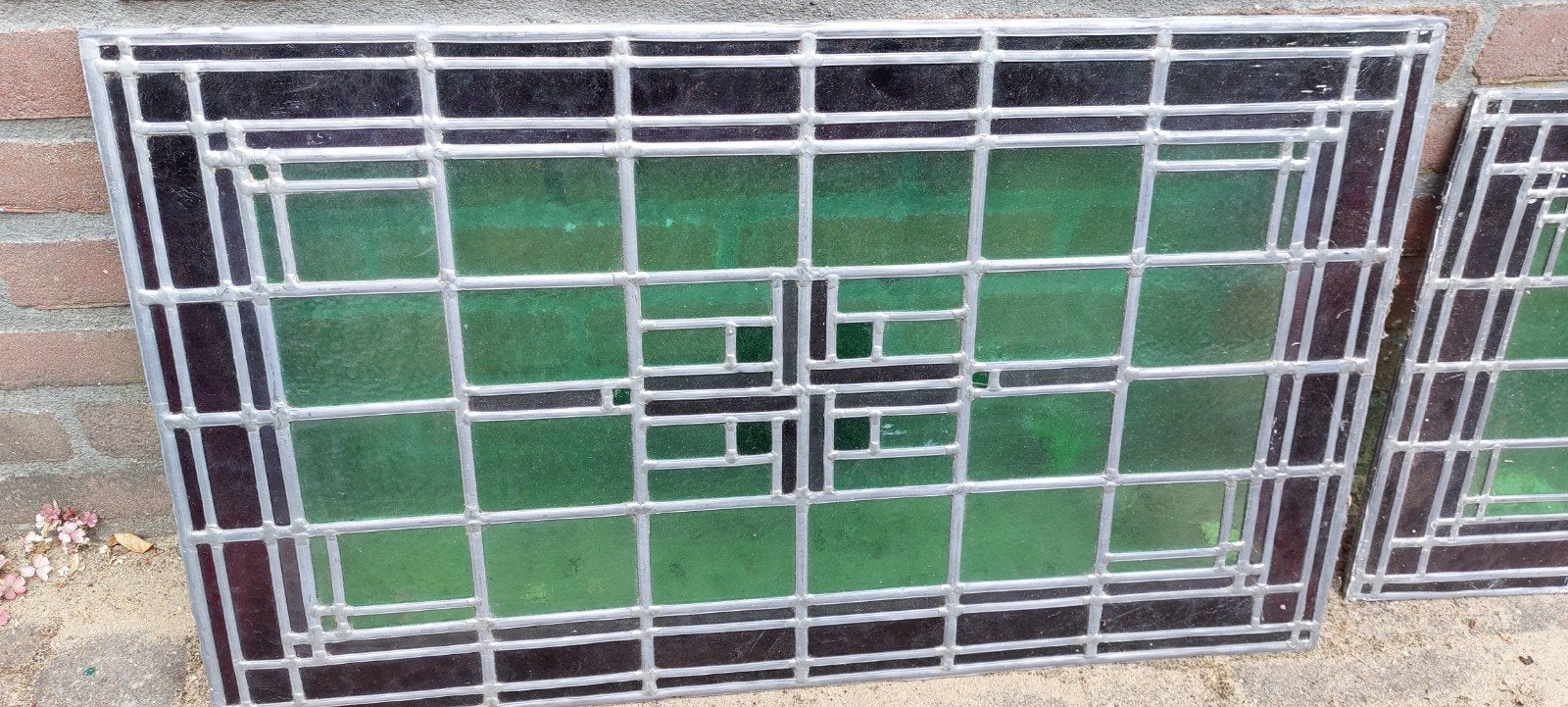 Prachtig glas in lood raam - Groen en paars, Ophalen, Gevelraam of Ruit, Minder dan 80 cm, Zo goed als nieuw