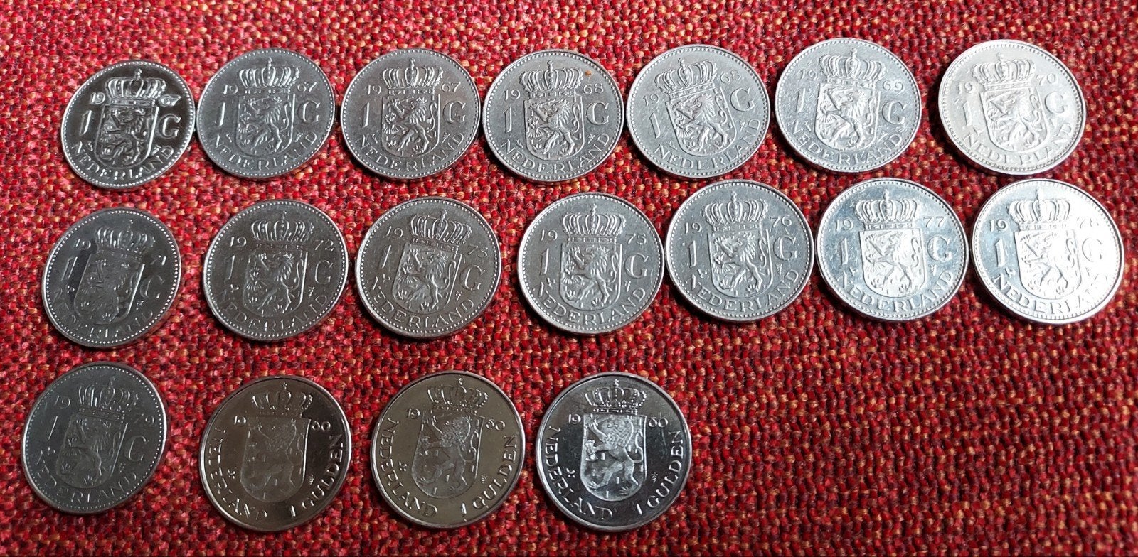 Mooie set 18 Nikkelen Guldens (1967-1980) incl. 3x Dubbele, Postzegels en Munten, Ophalen of Verzenden, Koningin Juliana, 1 gulden