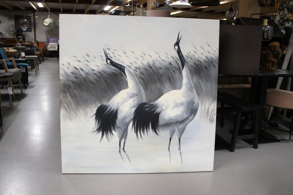 3 x vierkant schilderij Japanse Kraanvogel canvas 120x120, Ophalen, Zo goed als nieuw, 125 cm of meer, Schilderij