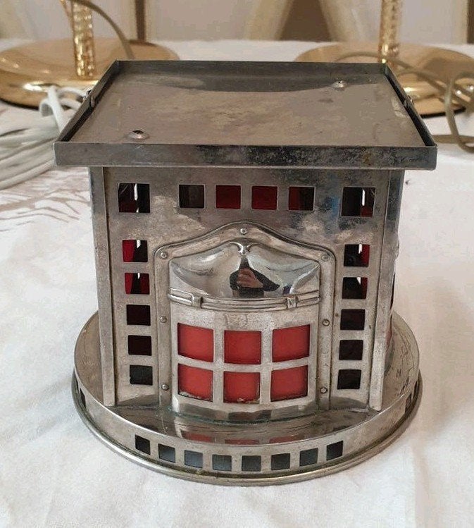 Vintage metal lantaarn met rood glas, elektrisch, Ophalen