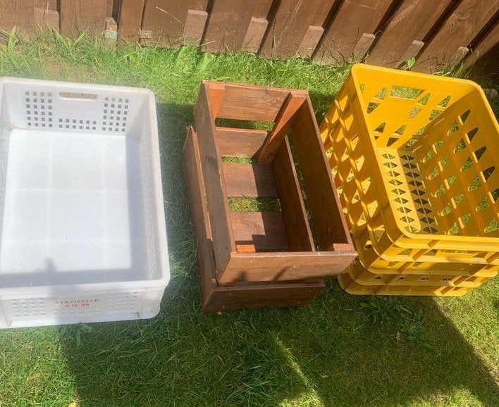 Diverse kratten: wit, hout en geel plastic, Gebruikt, 40 tot 60 cm, 50 tot 75 cm, Ophalen of Verzenden