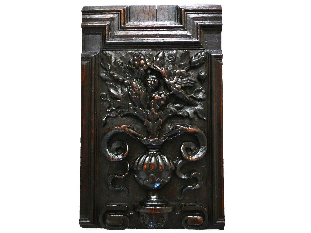 Decoratief paneel houtgesneden met vaas 2 slangen en vogel, Houtsnijwerk, Ophalen of Verzenden, Handgemaakt, 20 - 50 cm