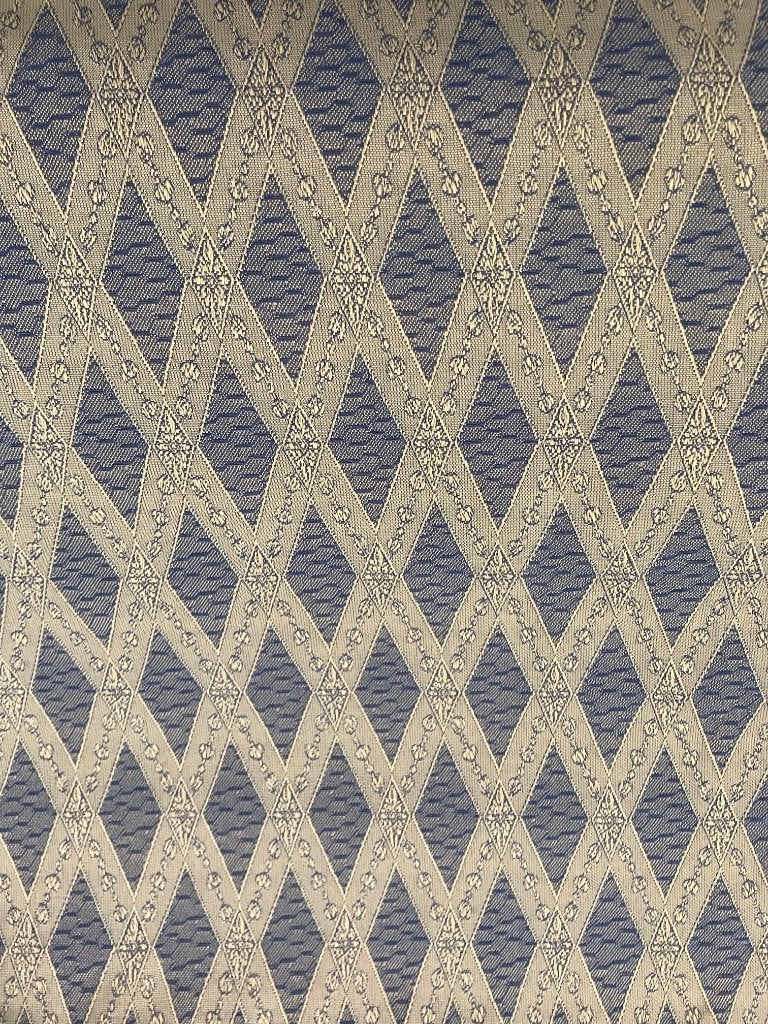 Geel/blauw gordijn met plooiband en plooihaken, Gebruikt, Ophalen of Verzenden, 200 cm of meer, Overige kleuren
