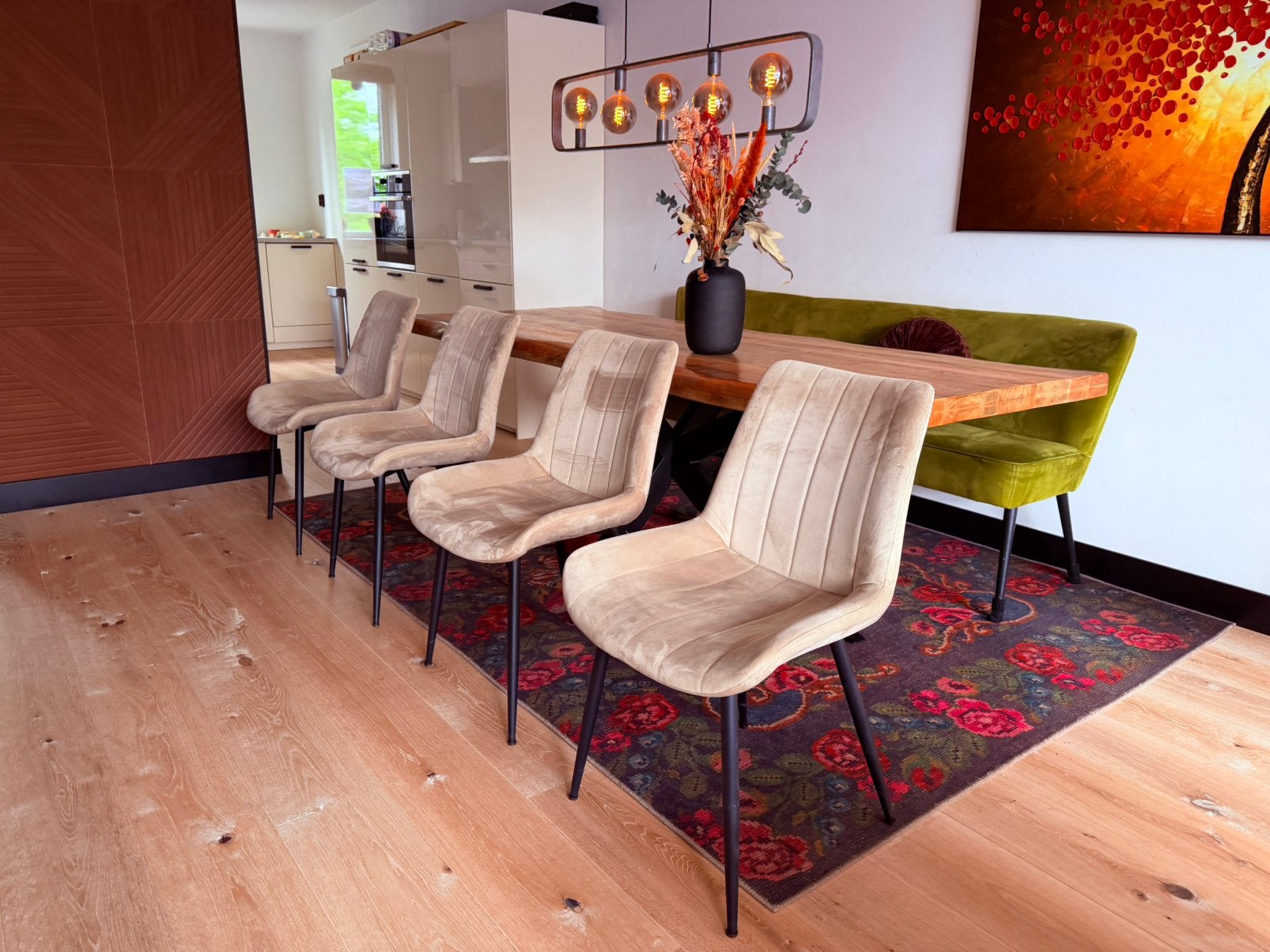 4 beige velvet eetkamerstoelen, Ophalen, Wit, Velvet, Zo goed als nieuw