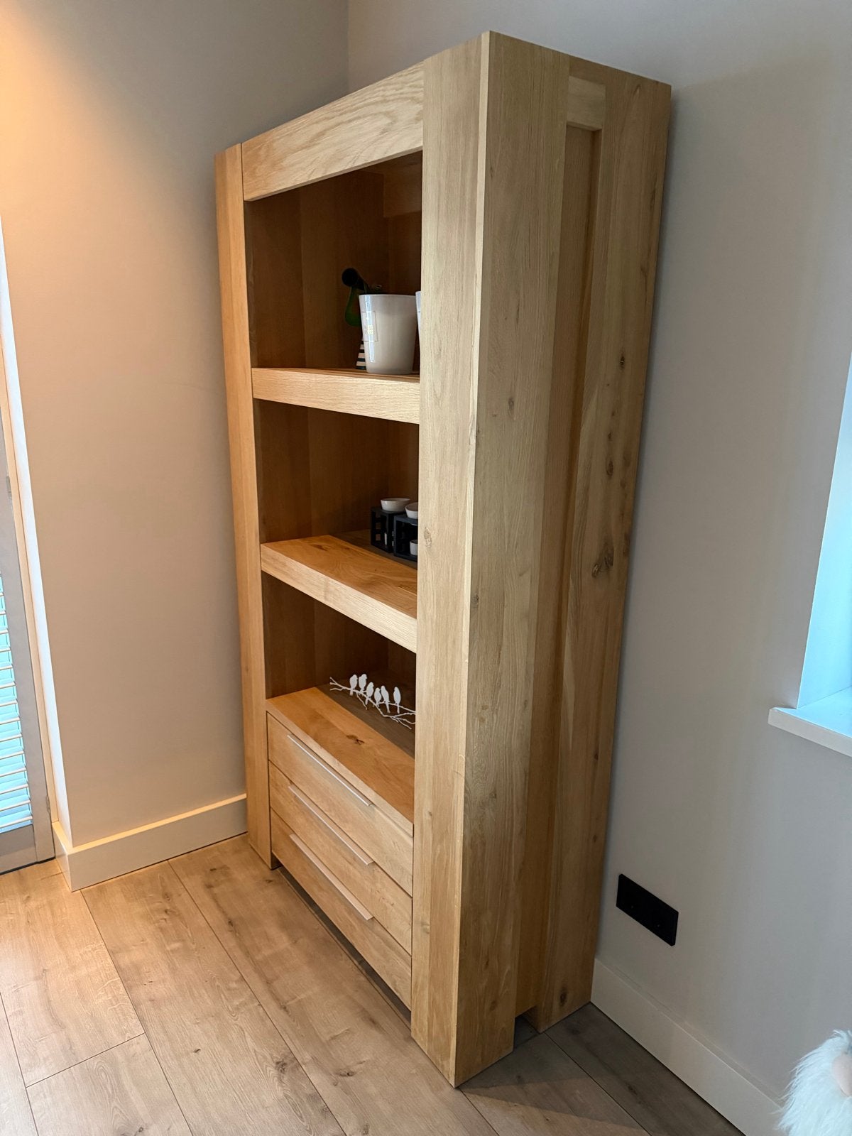 Massief eikenhouten boekenkast met lades, Ophalen, 100 tot 150 cm, Eikenhout, Zo goed als nieuw