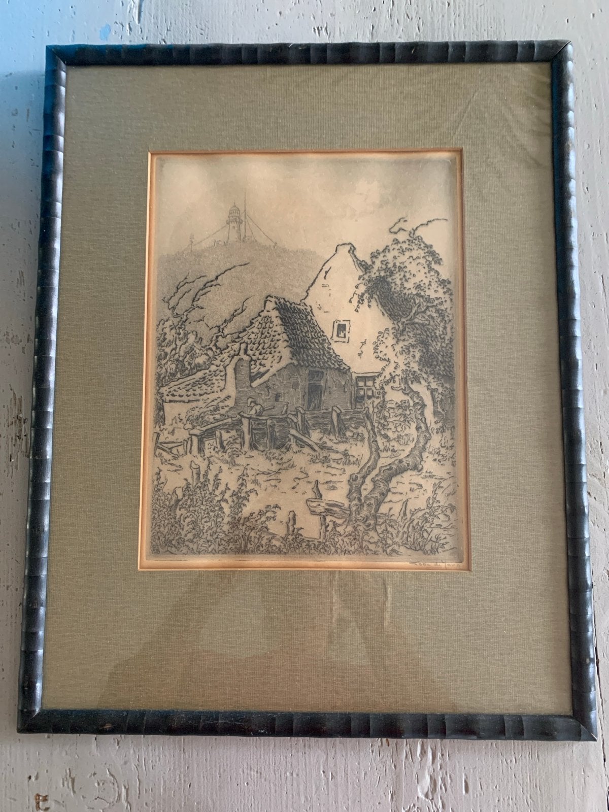 Ingelijste ets van Toon de Jong “ boerderij “, Antiek en Kunst, Ingelijst, Ets, Ophalen of Verzenden, Landschap
