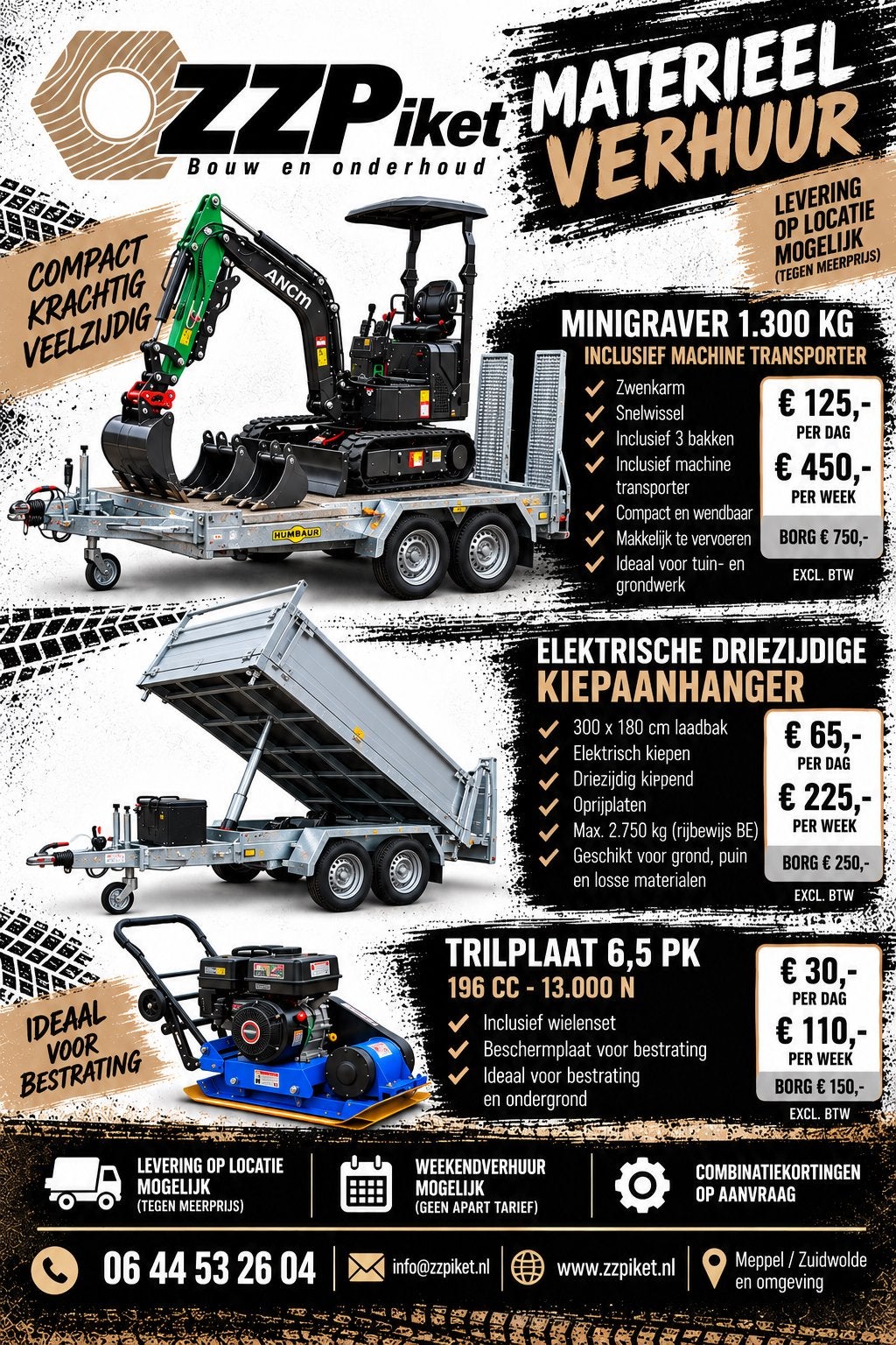 Minigraver 1300 kg, kiep aanhanger en trilplaat te huur