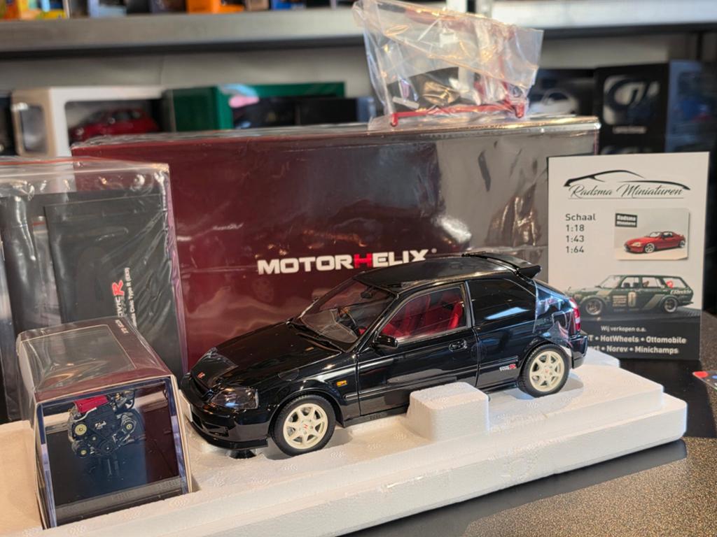Honda Civic TypeR EK9 + Motor + takel -black 1:18 MotorHelix, Auto, Nieuw, Ophalen of Verzenden, MotorHelix
