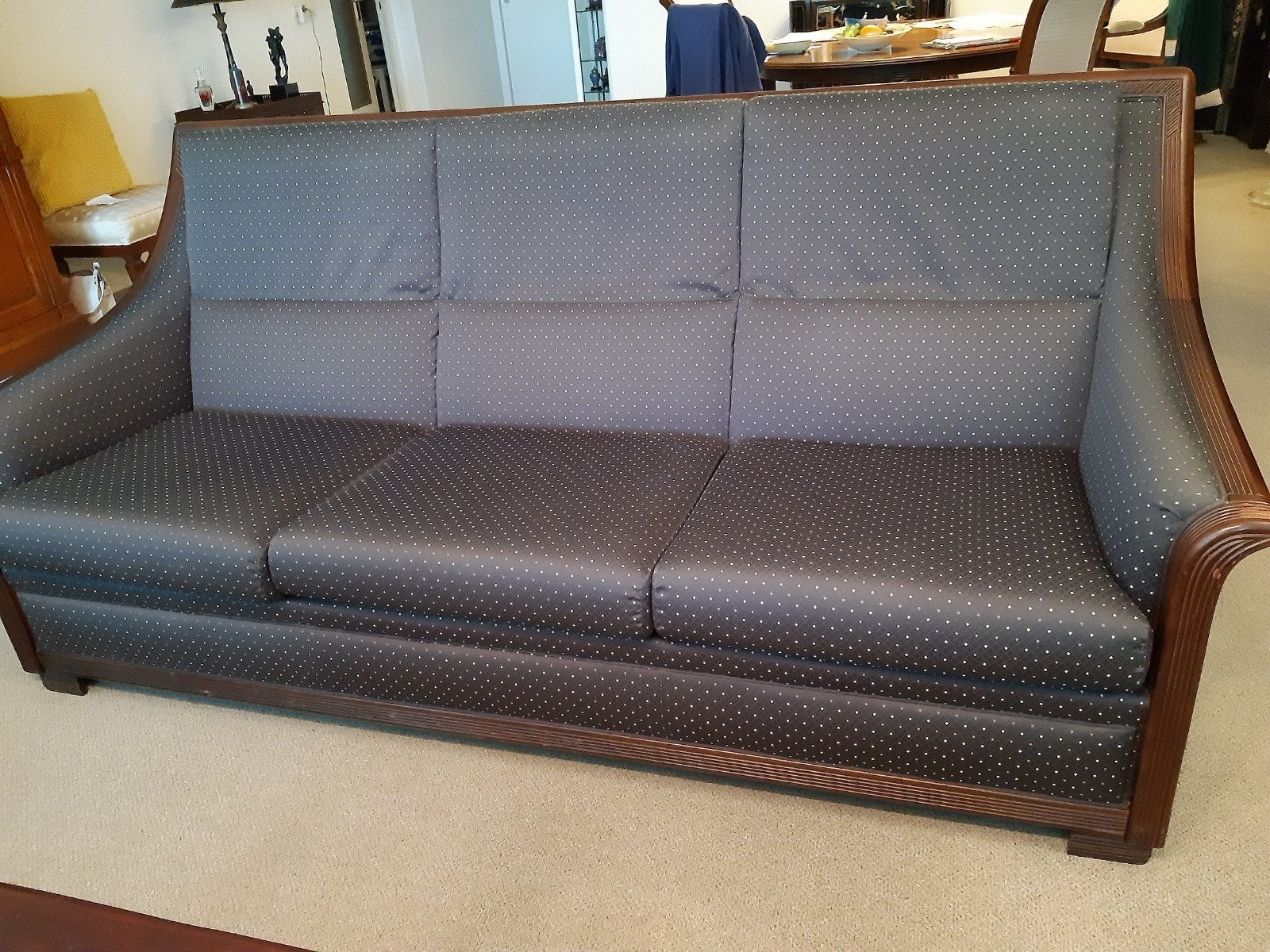 Stoffen bank 3 zits notenhouten frame, Ophalen, Gebruikt, 75 tot 100 cm, 200 tot 250 cm