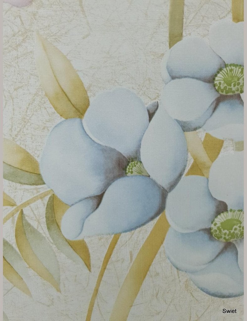 6938 Zacht blauw bloemenbehang met frisse groentinten swiet, Ophalen of Verzenden, Blauw