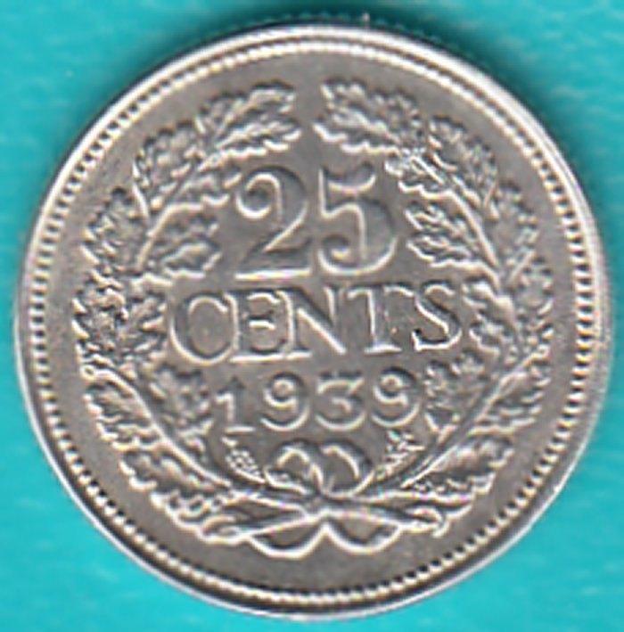 Nederland 25 cent 1939 Wilhelmina zilver, Sch. 873, Postzegels en Munten, Munten | Nederland, Zilver, 25 cent, Ophalen of Verzenden