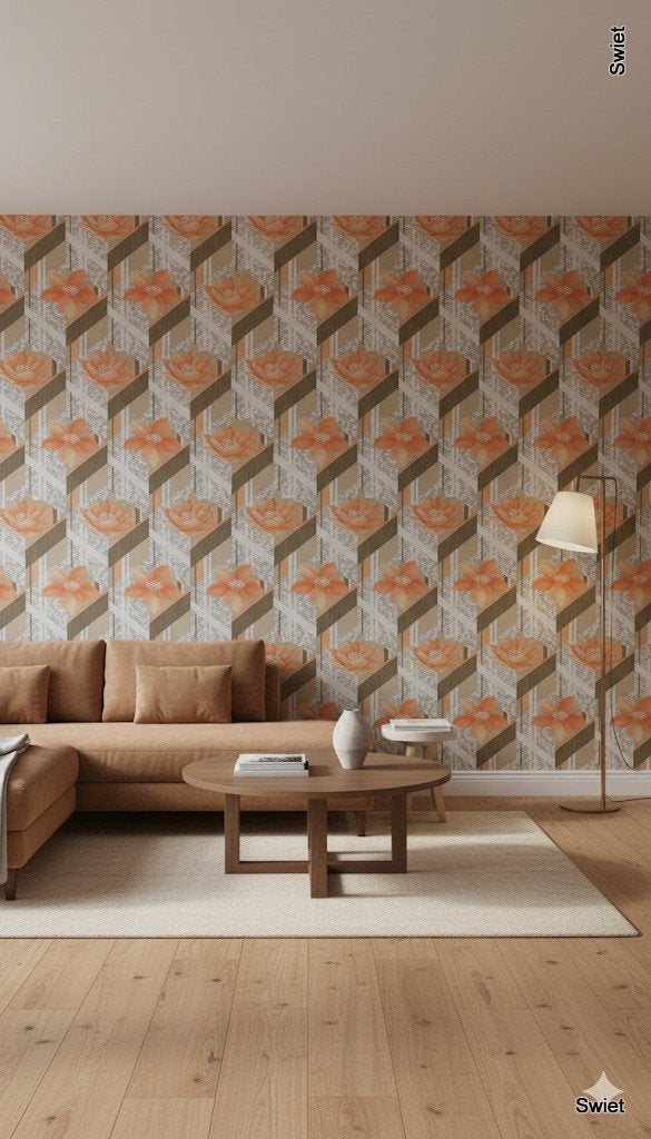14147 vintage floral geometrisch behang dusty peach  swiet, Ophalen of Verzenden, Beige