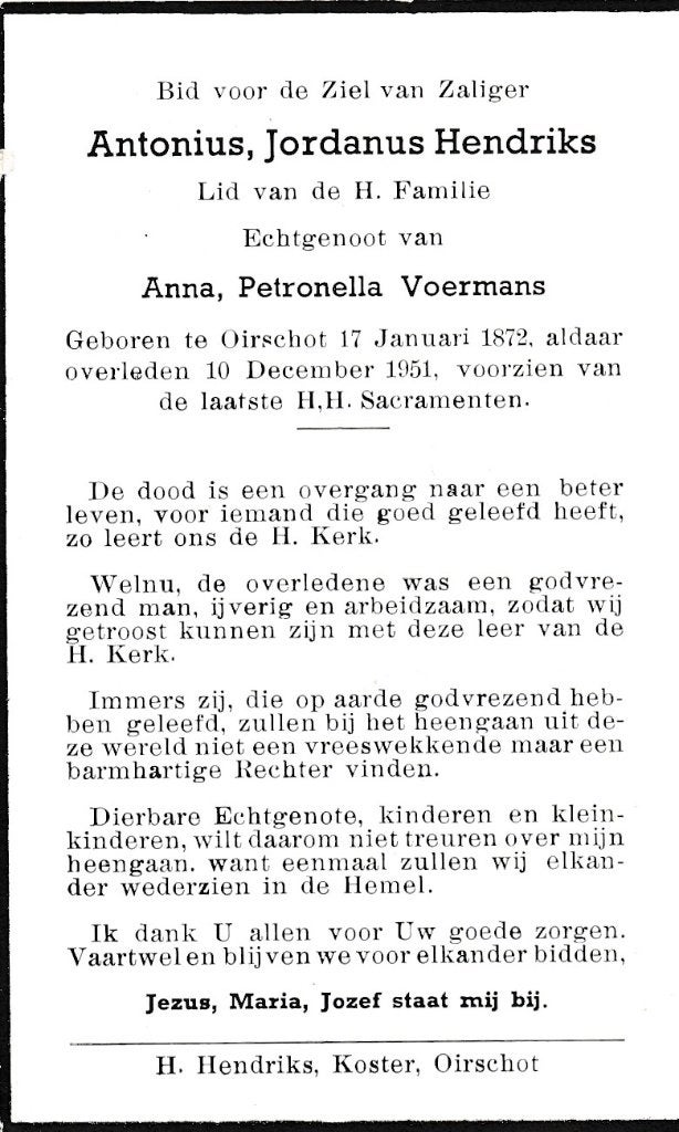 Hendriks Antonius 1872 Oirschot 1951, Ophalen of Verzenden, Bidprentje
