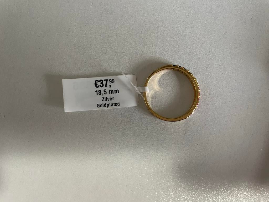 Lucardi Goldplated Zilveren Ring met Gekleurde Edesteentjes, 18 tot 19, Met edelsteen, Ophalen of Verzenden, Zo goed als nieuw