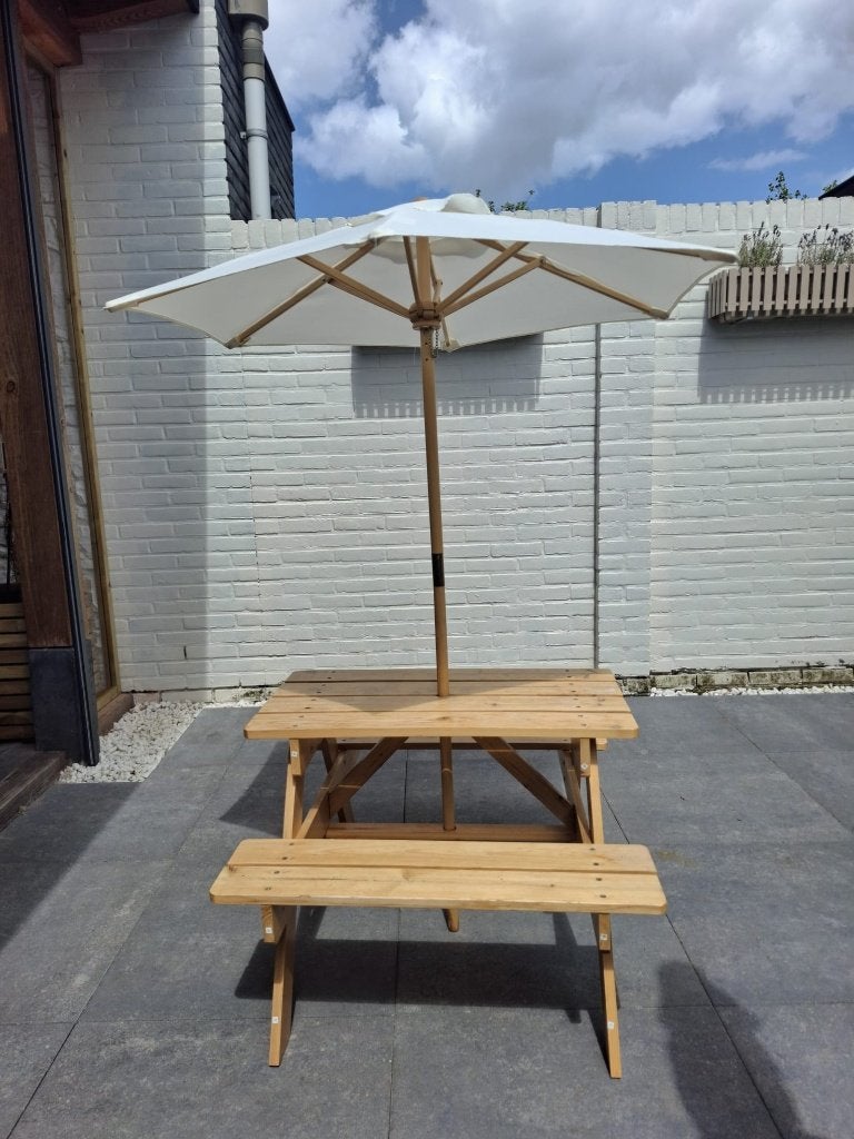 Picknicktafel  met parasol, Tuin en Terras, Picknicktafels, Zo goed als nieuw, Rechthoekig, Hout, Kinderpicknicktafel, Ophalen