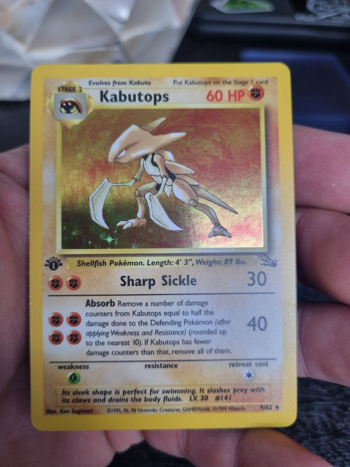 Kabutops 9/62 Fossil engels , 1ST EDITION HOLO RARE * € 120, Ophalen of Verzenden, Zo goed als nieuw, Losse kaart, Foil