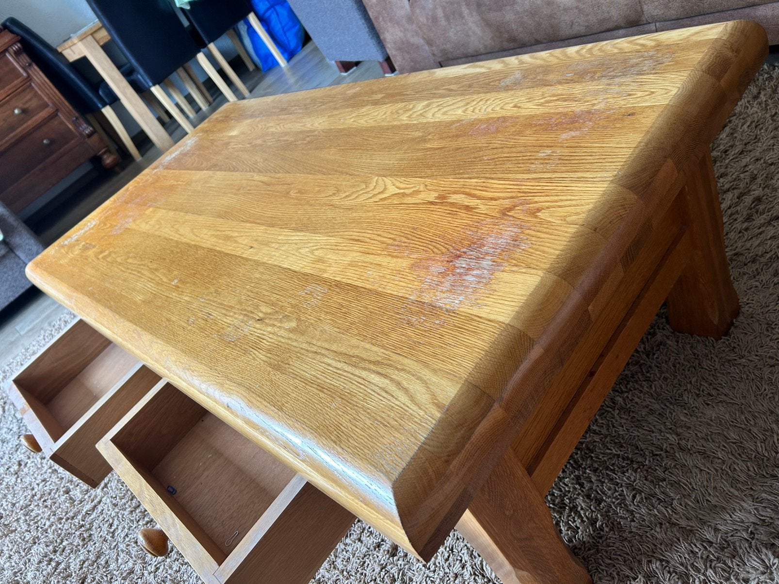 Eiken salontafel met lades, Huis en Inrichting, Ophalen, 100 tot 150 cm, Eikenhout, 50 tot 100 cm