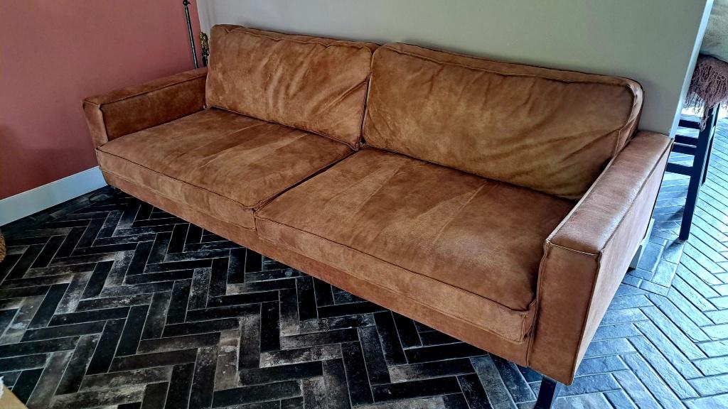 Cognac bruin leren bank en fauteuils, Huis en Inrichting, Ophalen, Gebruikt, Leer, Industrieel