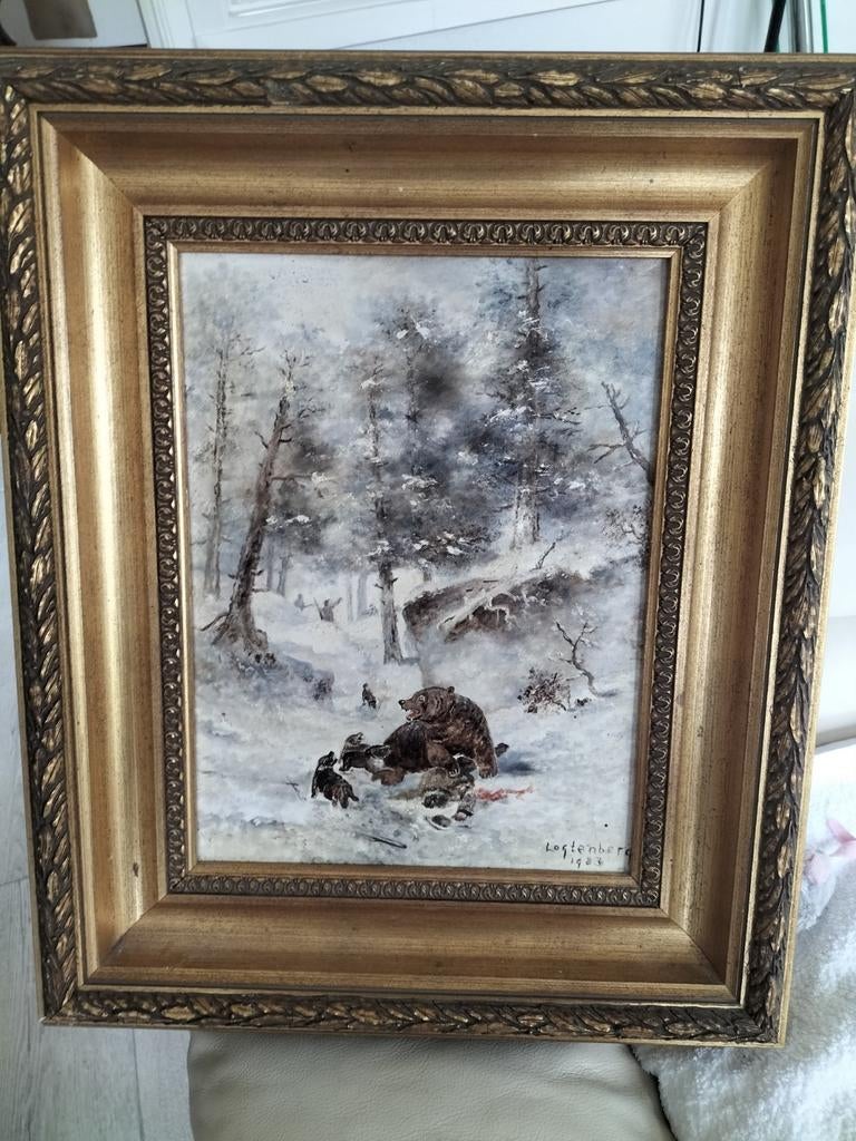 Olieverfschilderij: Beer in besneeuwd bos, gesigneerd 1983, Antiek en Kunst, Ophalen of Verzenden